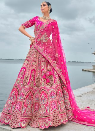 Embroidered, Khatli, Sequins, Stone, Thread and Zari Work Silk Lehenga Choli In Rani