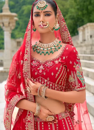 Embroidered, Khatli, Sequins, Stone, Thread and Zari Work Silk Lehenga Choli In Red for Bridal