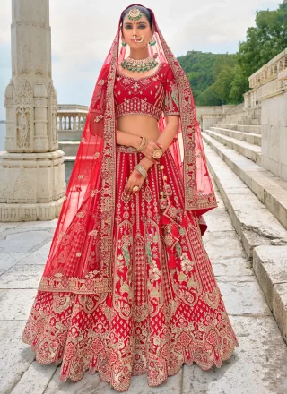 Embroidered, Khatli, Sequins, Stone, Thread and Zari Work Silk Lehenga Choli In Red for Bridal