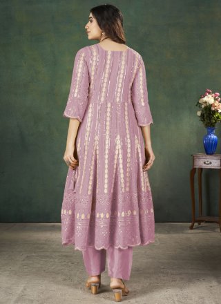 Embroidered, Lucknowi Work, Moti, Sequins and Zari Work Georgette Pant Style Suit In Lavender for Ceremonial