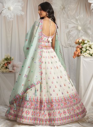 Embroidered, Machine Embroidery, Mirror, Sequins and Thread Work Organza Lehenga Choli In Cream
