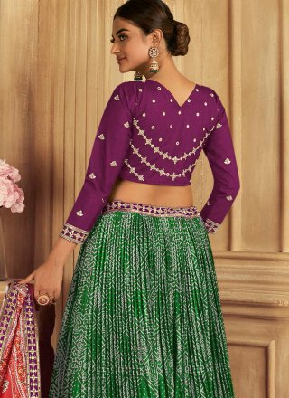 Embroidered, Mirror and Print Work Silk A - Line Lehenga Choli In Green and Purple for Engagement