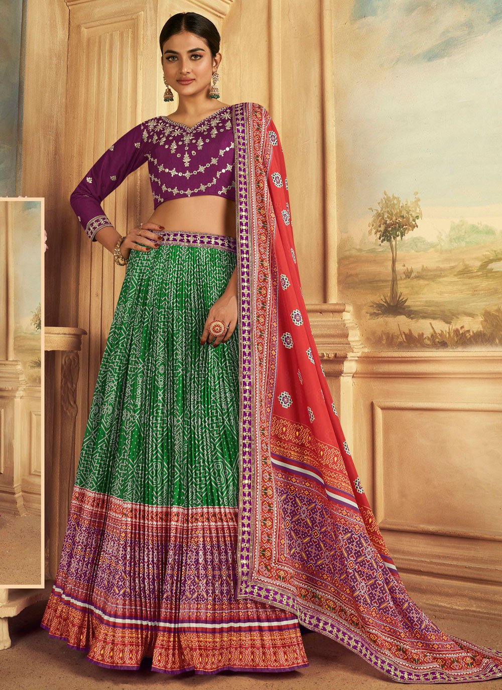 embroidered mirror and print work silk a line lehenga choli in green and purple for engagement 276893