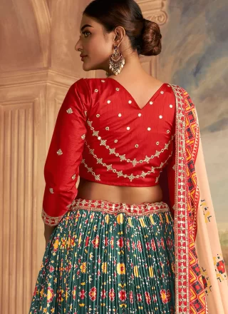Embroidered, Mirror and Print Work Silk A - Line Lehenga Choli In Green for Engagement