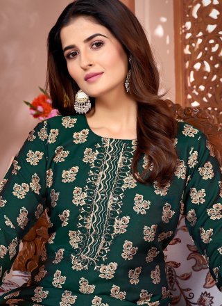 Embroidered, Mirror and Print Work Silk Designer Kurti In Green for Casual