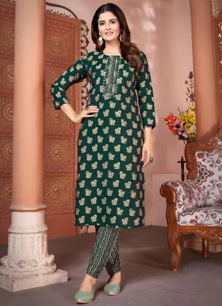 Embroidered, Mirror and Print Work Silk Designer Kurti In Green for Casual