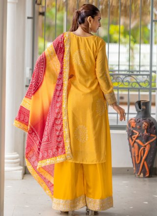 Embroidered, Mirror and Sequins Work Chinon Palazzo Salwar Suit In Yellow