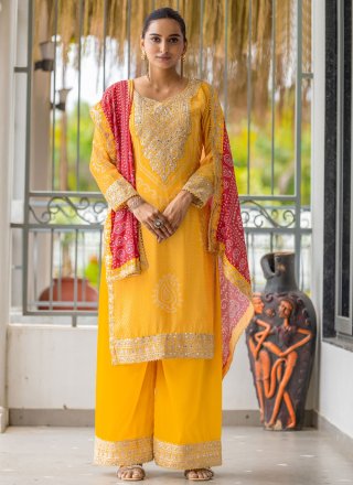 Embroidered, Mirror and Sequins Work Chinon Palazzo Salwar Suit In Yellow