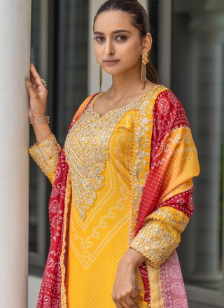Embroidered, Mirror and Sequins Work Chinon Palazzo Salwar Suit In Yellow