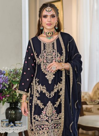 Embroidered, Mirror and Sequins Work Chinon Punjabi Suit In Blue for Engagement