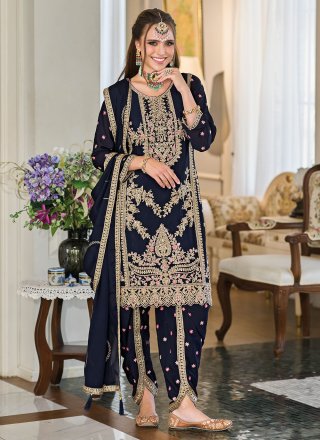 Buy Aesthetic White And MidNight Blue Embroidered Punjabi Suit at Amazon.in