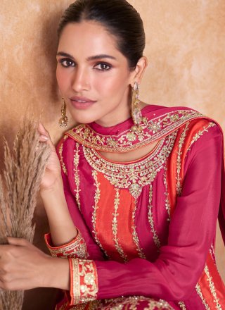 Embroidered, Mirror and Sequins Work Chinon Readymade Salwar Suit In Pink