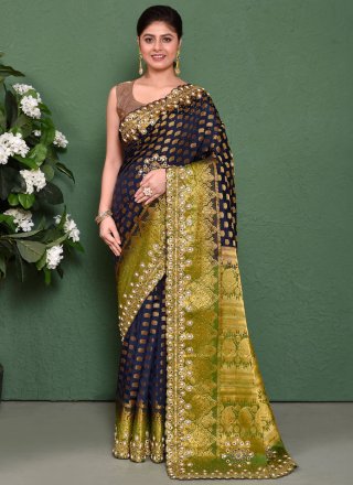 Embroidered, Mirror and Stone Work Kanjivaram Silk Contemporary Sari In Green and Blue for Festival