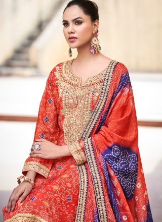 Embroidered, Mirror, Print and Zari Work Crush Salwar Suit In Red for Ceremonial