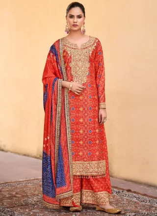 Embroidered, Mirror, Print and Zari Work Crush Salwar Suit In Red for Ceremonial