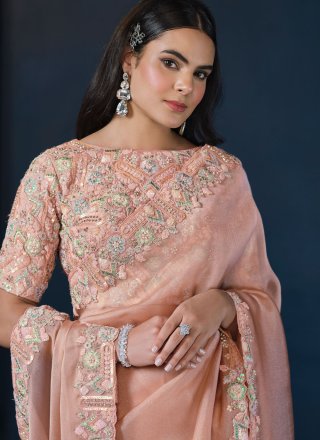 Embroidered, Moti and Sequins Work Glass Tissue Contemporary Sari In Peach