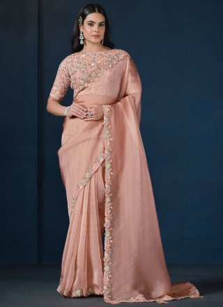Embroidered, Moti and Sequins Work Glass Tissue Contemporary Sari In Peach