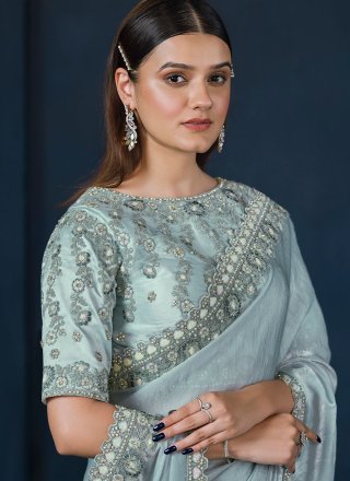 Embroidered, Moti and Sequins Work Satin Silk Trendy Saree In Aqua Blue