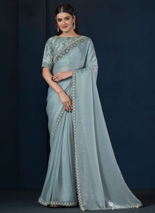 Embroidered, Moti and Sequins Work Satin Silk Trendy Saree In Aqua Blue