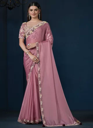 Embroidered, Moti, Sequins and Thread Work Satin Silk Designer Sari In Pink and Purple