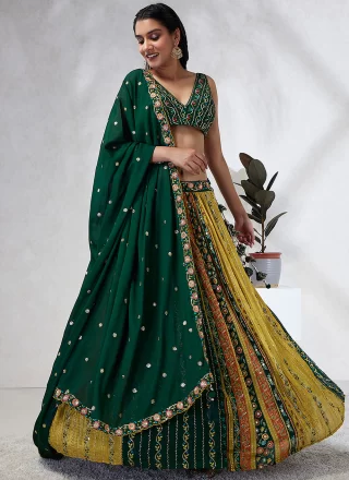 Embroidered, Print and Sequins Work Chiffon Lehenga Choli In Green for Ceremonial