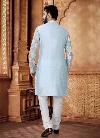 Embroidered, Print and Thread Work Silk Kurta Pyjama In Blue for Ceremonial