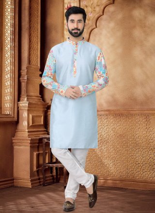 Embroidered, Print and Thread Work Silk Kurta Pyjama In Blue for Ceremonial