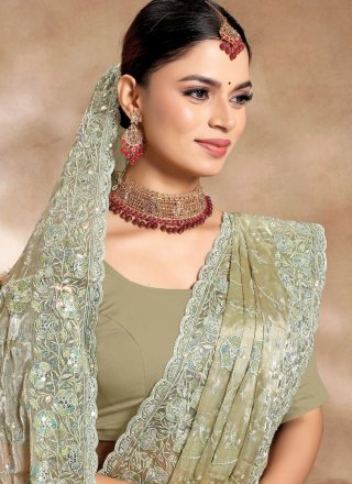 Embroidered, Resham and Sequins Work Burburry Contemporary Sari In Green
