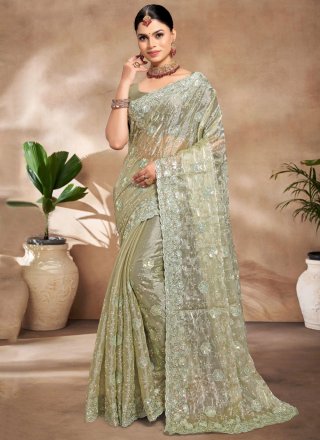 Embroidered, Resham and Sequins Work Burburry Contemporary Sari In Green