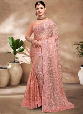 Embroidered, Resham and Sequins Work JIMMY CHU Trendy Saree In Peach for Ceremonial