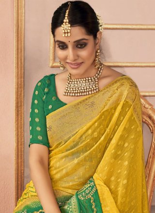 Embroidered, Resham and Stone Work Silk Trendy Saree In Green and Mustard