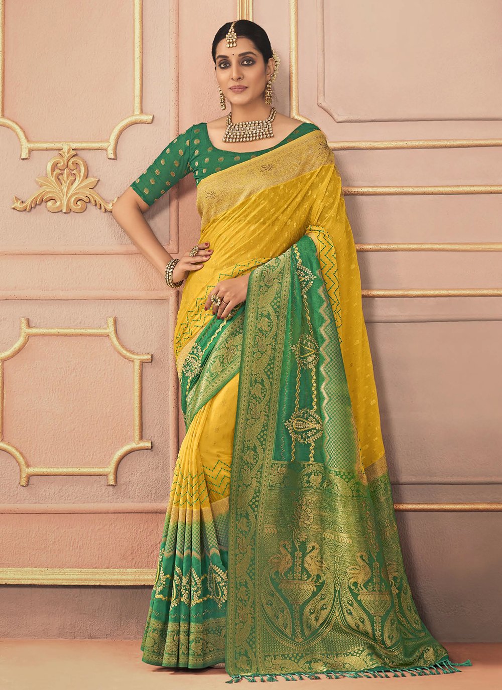 embroidered resham and stone work silk trendy saree in green and mustard 280930