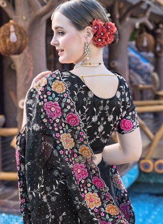 Embroidered, Resham and Swarovski Work JIMMY CHU Contemporary Saree In Black for Ceremonial
