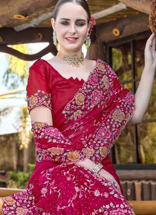 Embroidered, Resham and Swarovski Work JIMMY CHU Traditional Saree In Rani