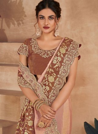 Embroidered, Resham and Zari Work Jacquard Trendy Saree In Brown