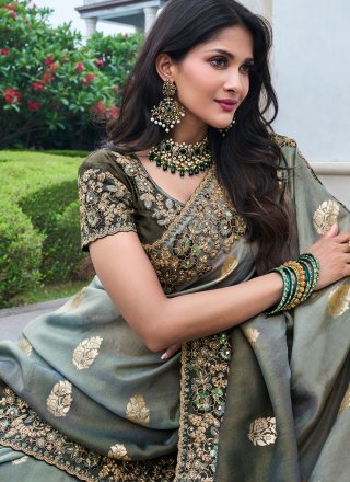 Embroidered, Resham, Sequins, Stone and Zari Work Viscose Designer Saree In Grey