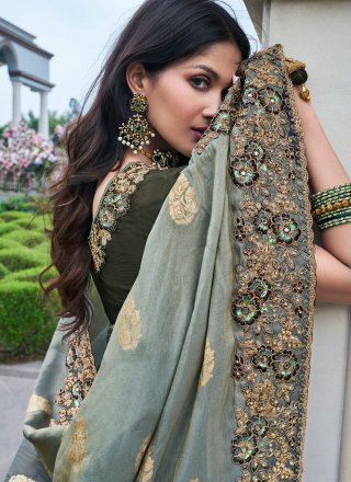 Embroidered, Resham, Sequins, Stone and Zari Work Viscose Designer Saree In Grey