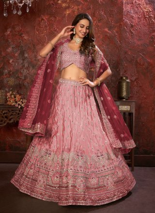 Embroidered, Resham Thread and Sequins Work Crepe Silk A - Line Lehenga Choli In Pink for Ceremonial
