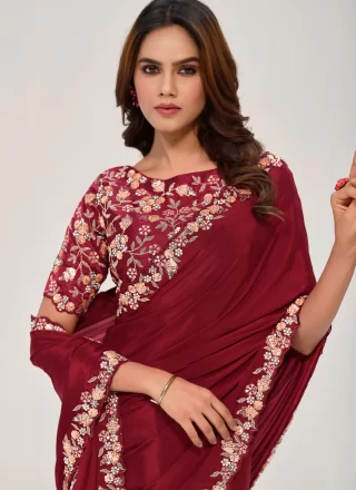 Embroidered, Sequins and Stone Work Georgette Traditional Saree In Maroon