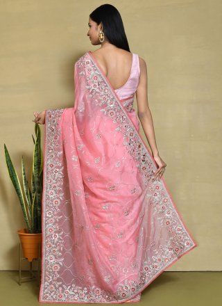 Embroidered, Sequins and Stone Work Organza Contemporary Sari In Pink for Ceremonial