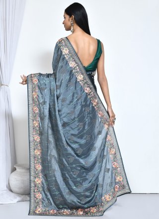 Embroidered, Sequins and Stone Work Satin Silk Contemporary Saree In Teal for Ceremonial