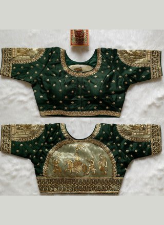 Embroidered, Sequins and Stone Work Silk Blouse In Green