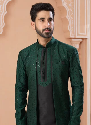 Embroidered, Sequins and Thread Work Banglori Silk Indo Western Sherwani In Black and Green for Engagement