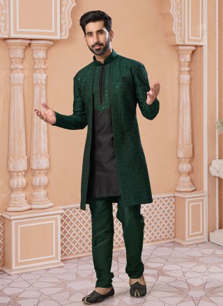 Embroidered, Sequins and Thread Work Banglori Silk Indo Western Sherwani In Black and Green for Engagement