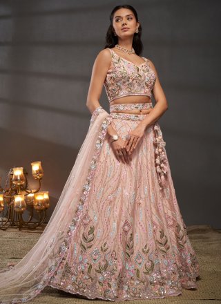 Embroidered, Sequins and Thread Work Chiffon Lehenga Choli In Peach
