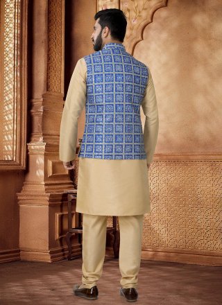 Embroidered, Sequins and Thread Work Cotton Kurta Payjama with Jacket In Blue and Gold