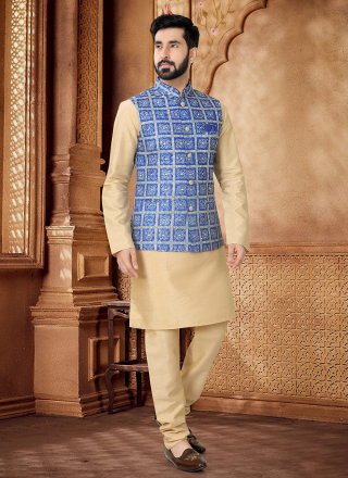 Embroidered, Sequins and Thread Work Cotton Kurta Payjama with Jacket In Blue and Gold