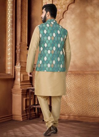 Embroidered, Sequins and Thread Work Cotton Kurta Payjama with Jacket In Gold and Sea Green for Ceremonial