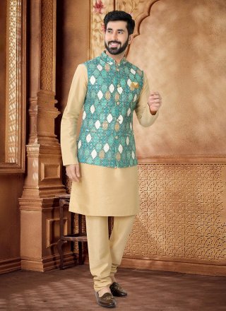 Embroidered, Sequins and Thread Work Cotton Kurta Payjama with Jacket In Gold and Sea Green for Ceremonial