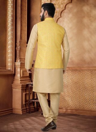 Embroidered, Sequins and Thread Work Cotton Kurta Payjama with Jacket In Gold and Yellow